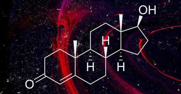 The structure of testosterone on a red and black background.
