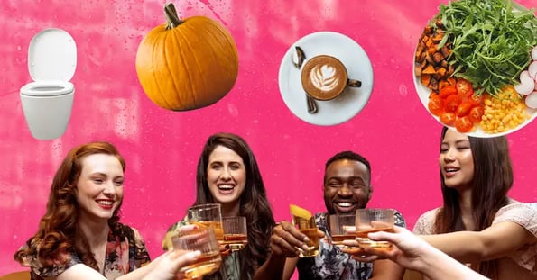 A collage of images on a pink background, including a white toilet, a pumpkin, a cup of coffee, a salad, and a group of four young people clinking alcoholic beverages.
