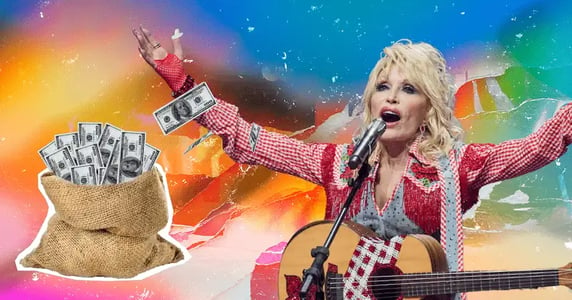 Dolly Parton sings into a microphone with her hands outstretched next to a bag of money on a rainbow background.