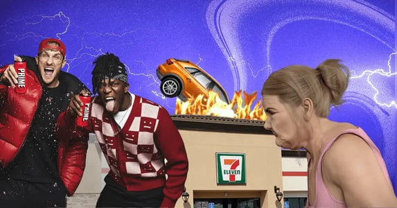 Logan Paul and KSI holding Prime energy drinks, a car crashing into a flaming 7-Eleven, and Anna, a model of a futuristic human with poor posture, on a purple background.