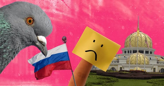 A collage against a pink background: a close-up of a pigeon’s head, a Russian flag, a finger enclosed in yellow paper bearing a frown, and the facade of a Malaysian palace.