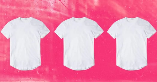 Three white T-shirts aligned in a horizontal row on a pink background.