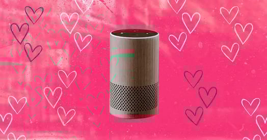 A brown Amazon Echo on a pink background surrounded by illustrated hearts.