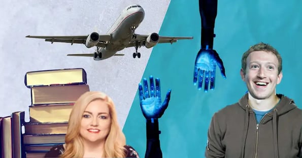 A collage against a pink background: author Colleen Hoover, an airplane, two robotic arms, and Mark Zuckerberg.