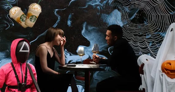 Two Starbucks frappuccinos; a woman and a man enjoying wine during a date; a “Squid Game” character in a pink jumpsuit and a triangle-emblazoned mask; a spiderweb; and two ghosts on a black-and-white swirl background.