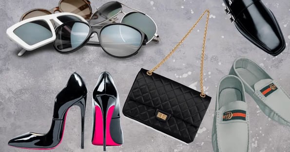 Sunglasses, high heels, a purse, and loafers.