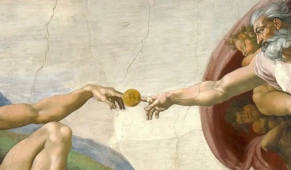 Michelangelo’s “The Creation of Adam,” except God is handing Adam a Bitcoin.