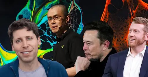 Sam Altman, Changpeng Zhao, Elon Musk, and Kyle Vogt on a rainbow background.