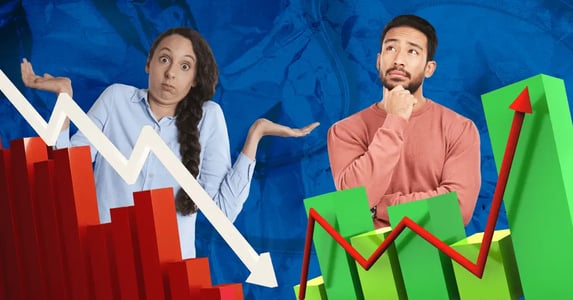 A woman confusedly shrugs behind a red 3D chart that’s trending downward; a contemplative man looks up behind a green 3D chart that’s trending upward.