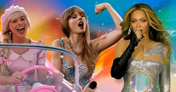 Collage on colorful background, from left to right: Margot Robbie as Barbie behind the wheel of a pink car, Taylor Swift flexes her arm, Beyoncé Knowles sings into a microphone.