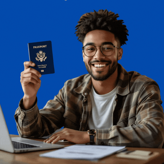 A young Black man in a flannel shirt sits in front of a laptop while holding his passport and smiling.