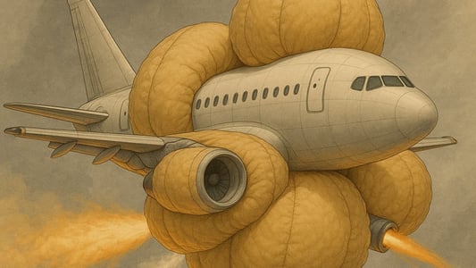 An illustration of an airplane, mid-flight, wrapped in giant yellow airbags.