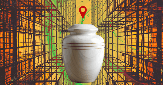 A white urn with a red location pin hovering over it.
