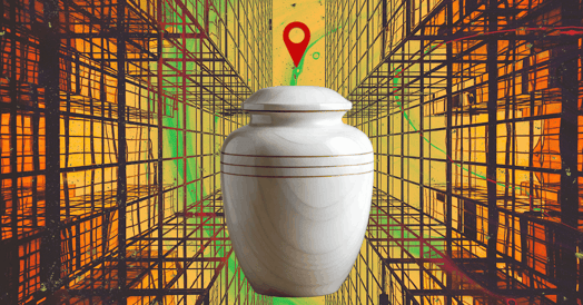 A white urn with a red location pin hovering over it.