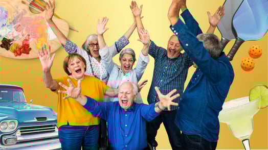 Several elderly men and women throw their hands up for joy, surrounded by a vintage car, painting supplies, a margarita, and two rackets and two balls.