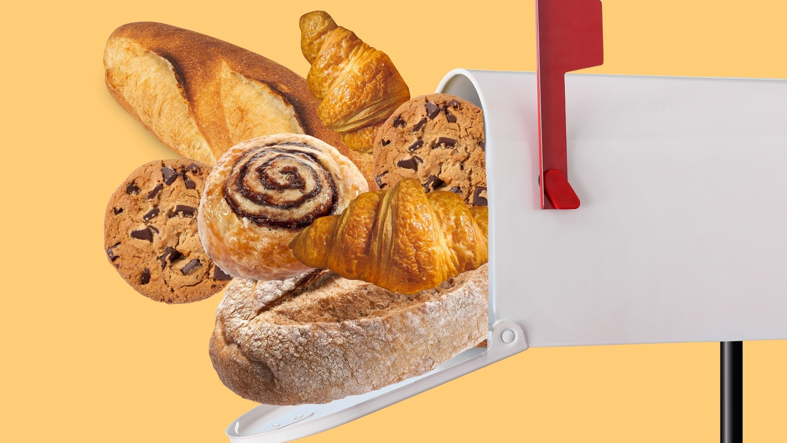A mailbox stuffed with bread and pastries.