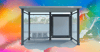 A bus stop against a rainbow background.