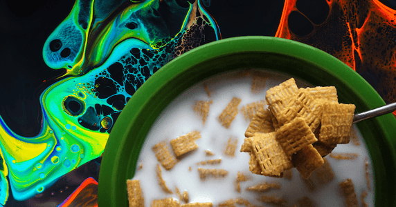 A green bowl filled with cereal and milk on a rainbow background.