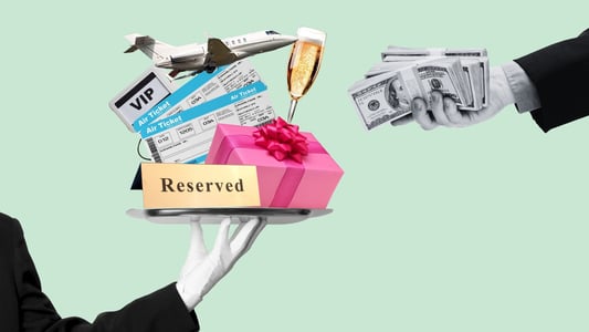 A white-gloved hand offers a tray containing a reversed sign, a pink gift box wrapped in a pink boy, a glass of champagne, a VIP card, two plane tickets, and a tiny airplane to an outstretched hand holdings several hundred dollar bills. 