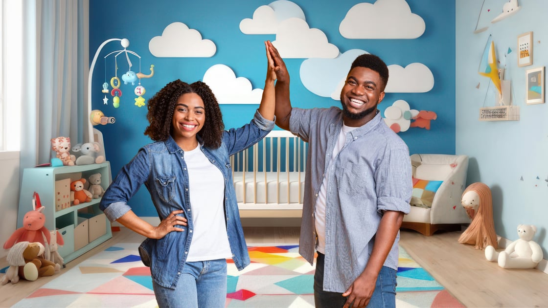 A Black woman high fives a Black man in a baby's nursery decorated with stuffed animals.
