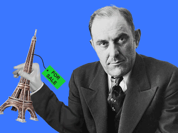 Victor Lustig dangling a model of the Eiffel Tower from his hands