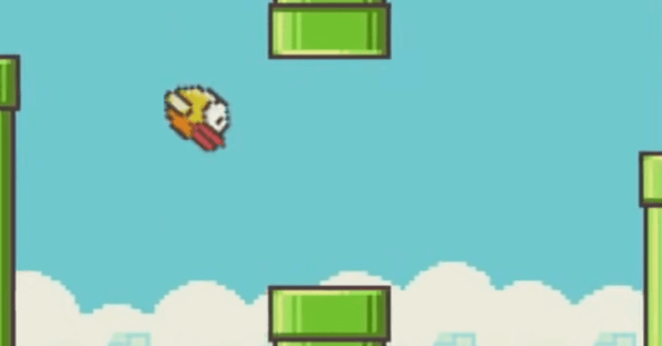 A screenshot of the game ‘Flappy Bird’ depicts a cartoon bird navigating past four green pipes against a blue sky.