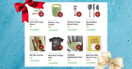 A screenshot of Giftphoria's website featuring several gift options, including a candle, gardening tools, and a T-shirt.