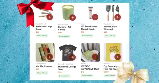 A screenshot of Giftphoria's website featuring several gift options, including a candle, gardening tools, and a T-shirt.