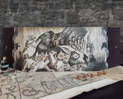 A watercolor painting of several owls on a dungeon master screen, sitting on a table with a fantasy map and several dice.
