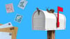 A snail sits on a white mail box with its red flag raised. Several letters and stamps are seen in the background.