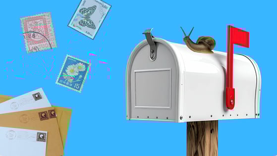 A snail sits on a white mail box with its red flag raised. Several letters and stamps are seen in the background.