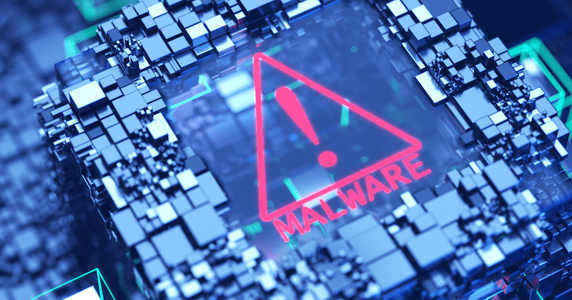 Computer parts with a warning label for malware in red.