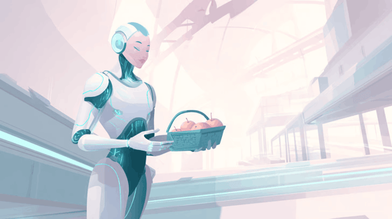 An illustration of a humanoid robot carrying a basket of fruit.