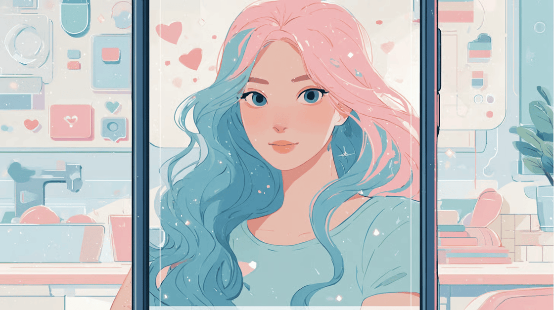 An illustration of a young woman as seen through a phone's camera standing in her kitchen.