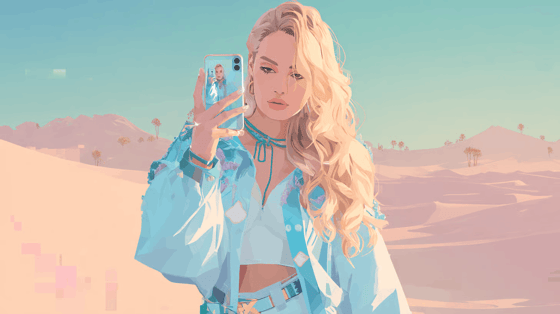 An illustrations of a fashionable blonde woman taking a selfie in the desert.