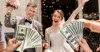 A bride and groom smile as friends throw rice at them. In the foreground, two hands hold up wads of cash.