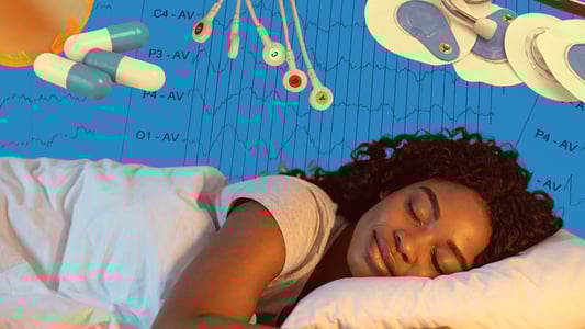 A Black woman sleeps peacefully surrounded by pills, charts, and various sleep devices. 