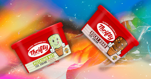 Cartons of pistachio and rocky road Thrifty ice creams against a rainbow background.